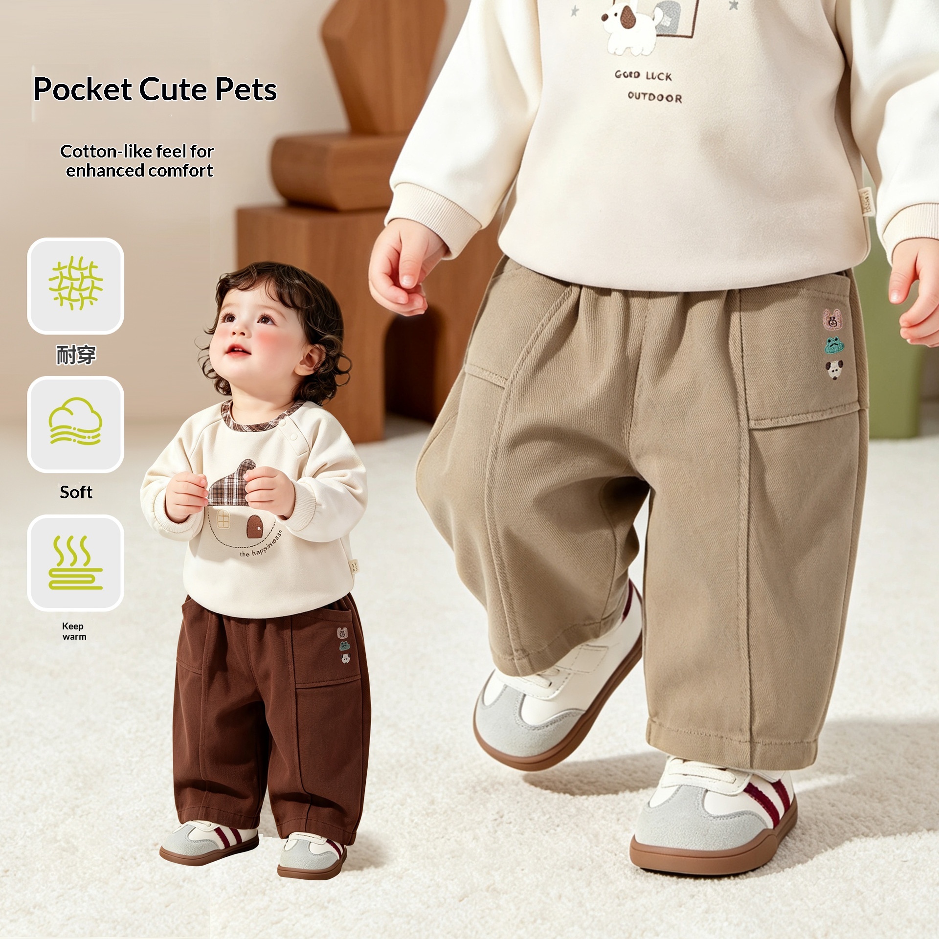 Boys And Girls Springautumn Pants Cartoon-embroidered Casual Trousers Cute Style For Toddlers