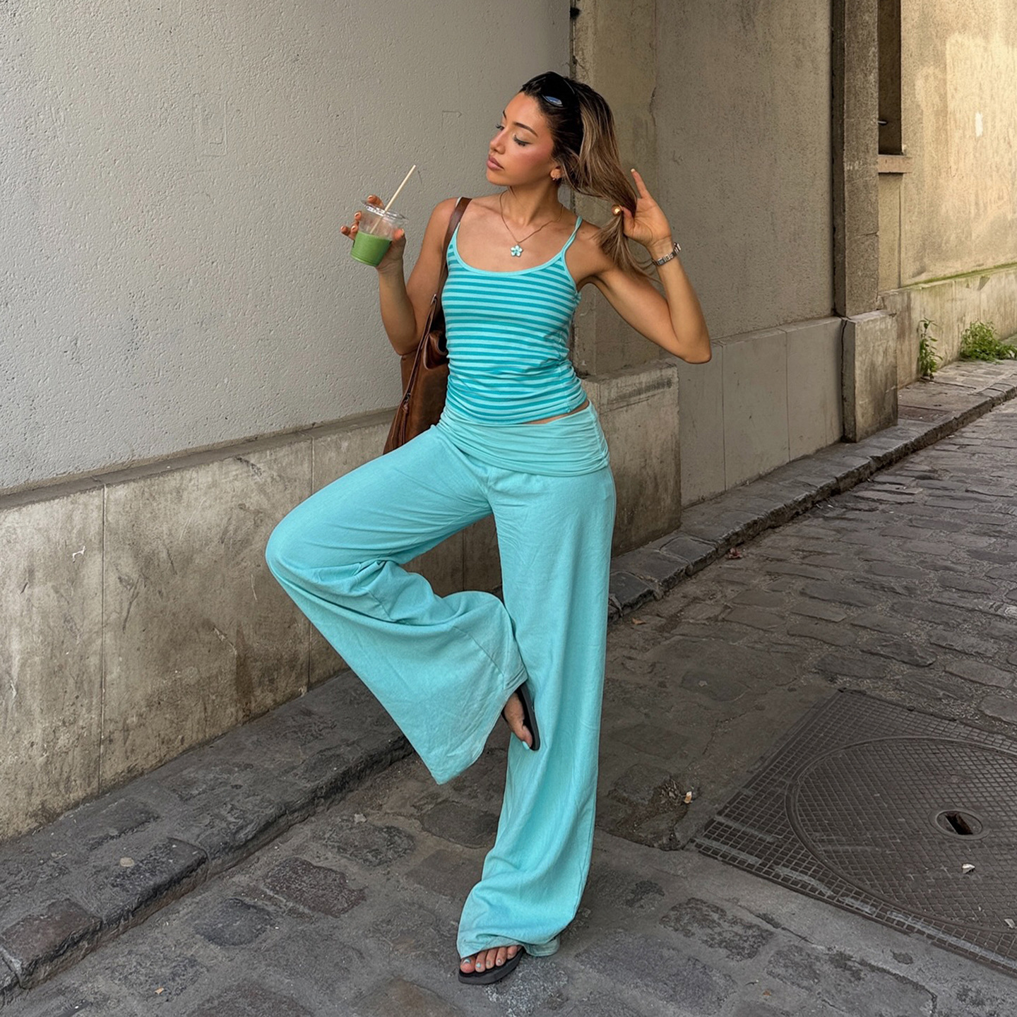 Turquoise Stripe Camisole & Wide-leg Pants Set