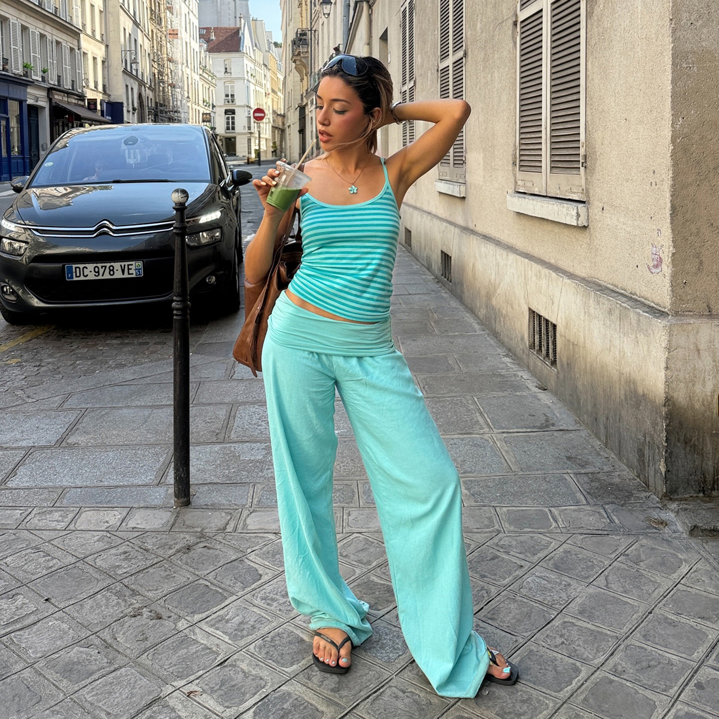 Turquoise Stripe Camisole & Wide-leg Pants Set