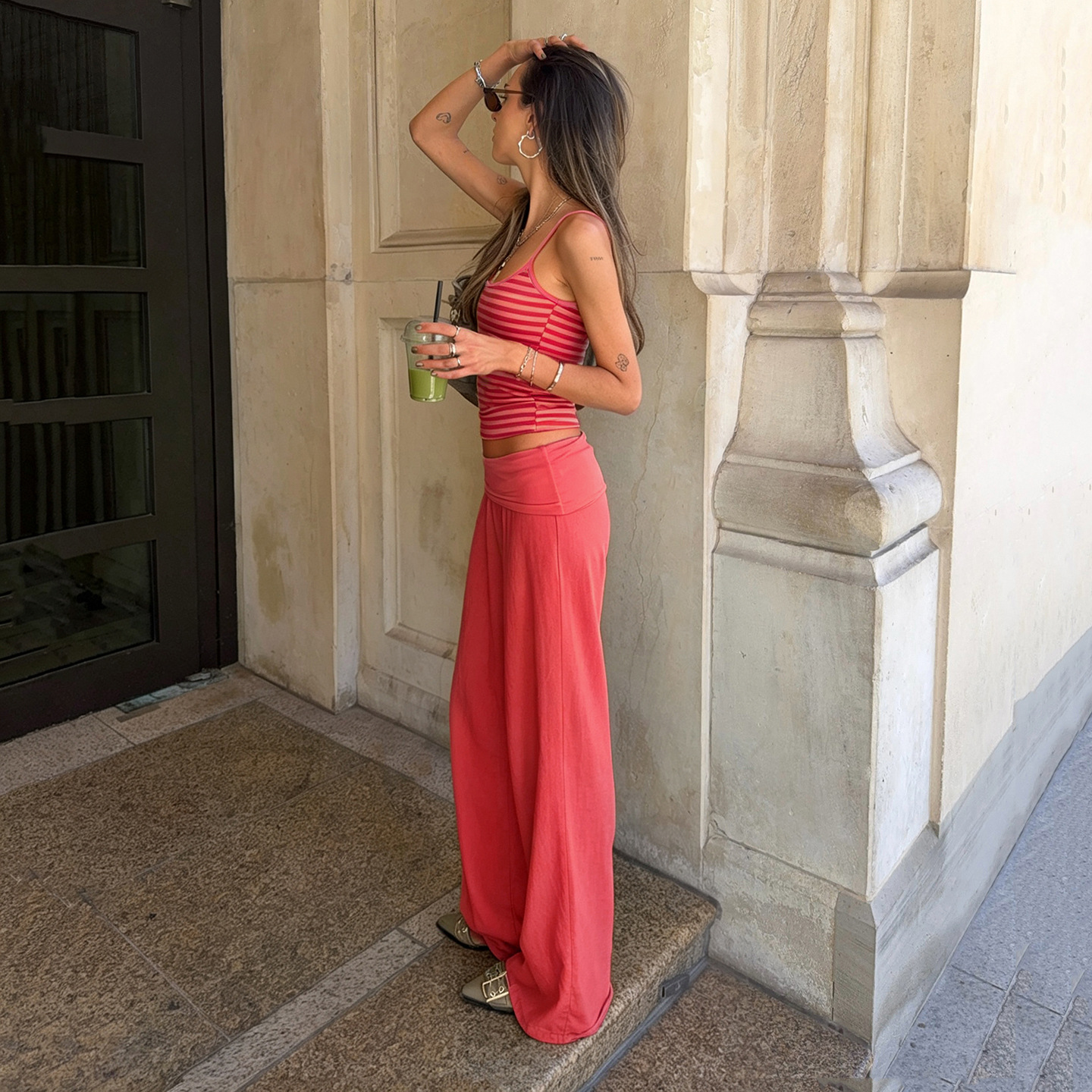 Turquoise Stripe Camisole & Wide-leg Pants Set