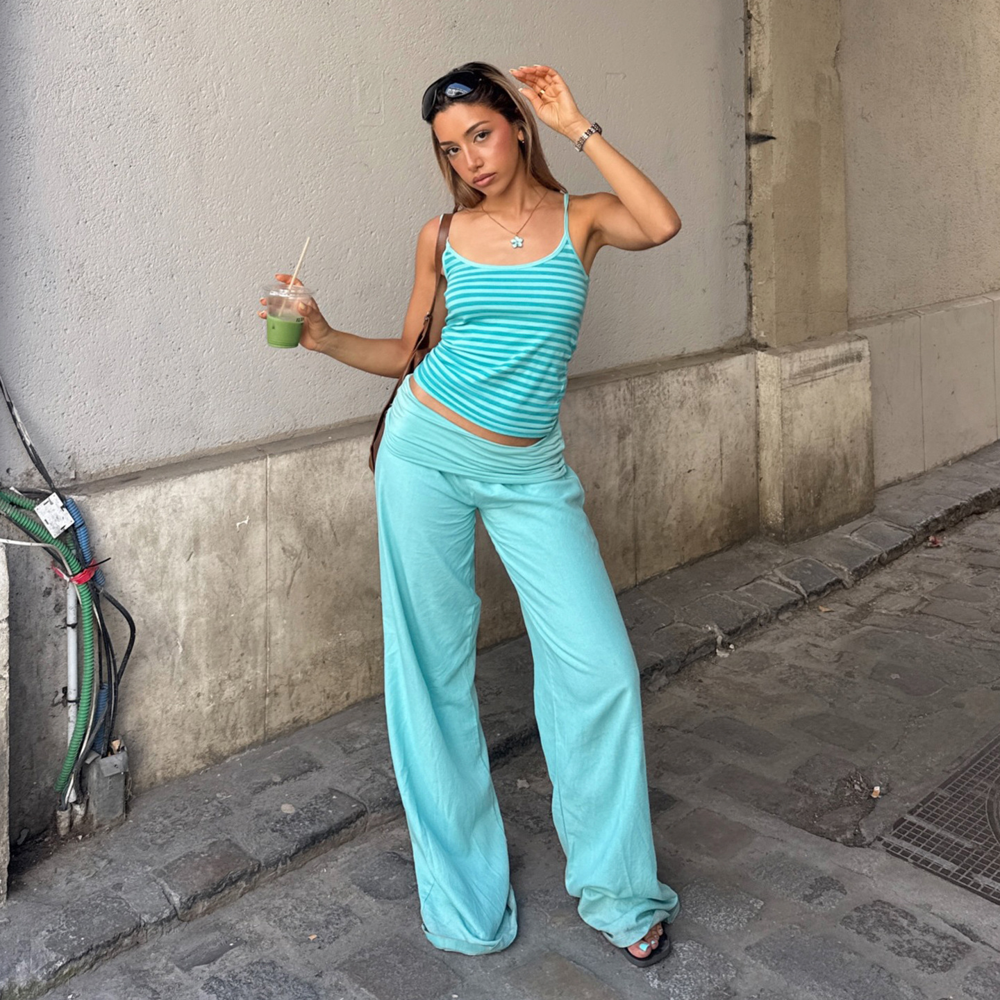 Turquoise Stripe Camisole & Wide-leg Pants Set