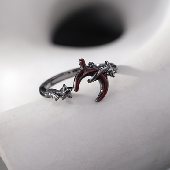 Dark Crescent Moon Water Drop Open-End Ring For Women