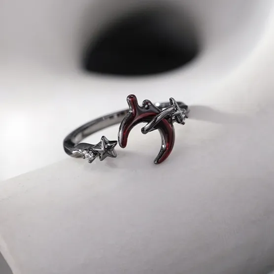 Dark Crescent Moon Water Drop Open-End Ring