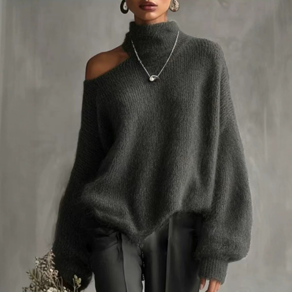 Off-shoulder Turtleneck Sweater Loose-fit Knit Top