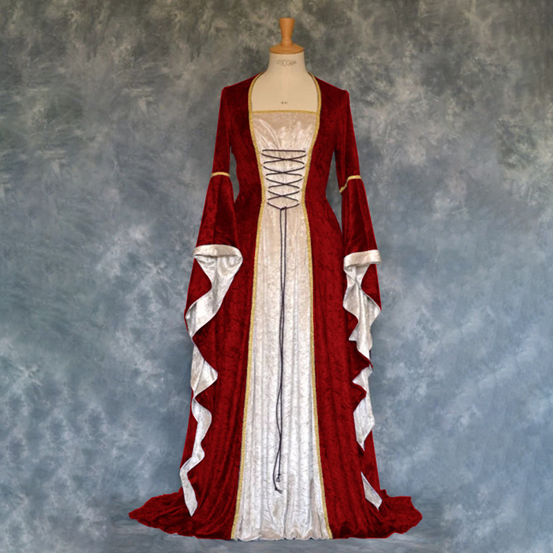 Vintage Medieval Womens Dress With Velvet And Flared Sleeves