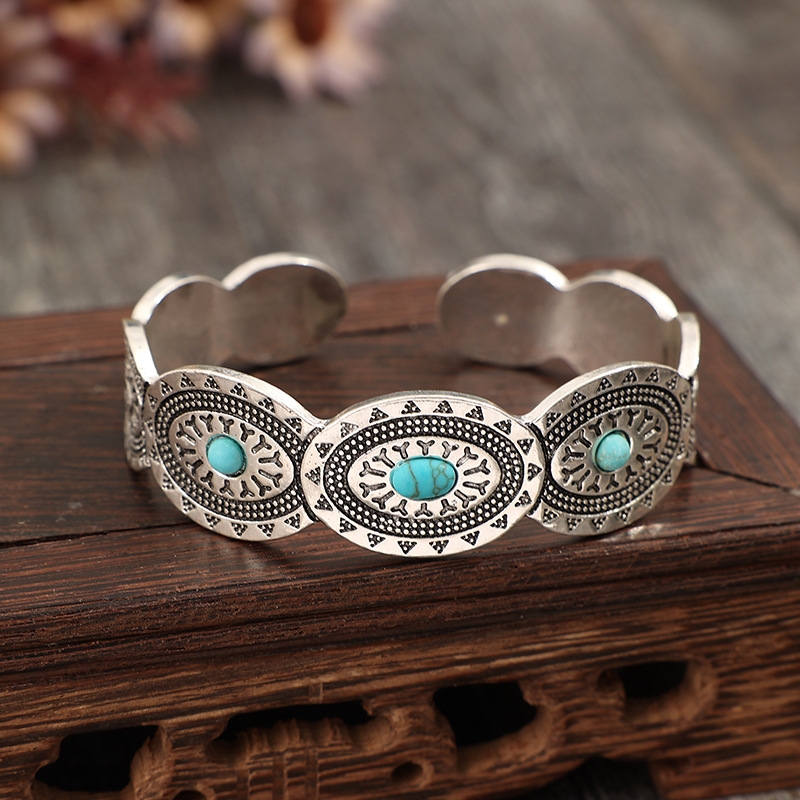 Synthetic Turquoise Open Adjustable Alloy Bracelet
