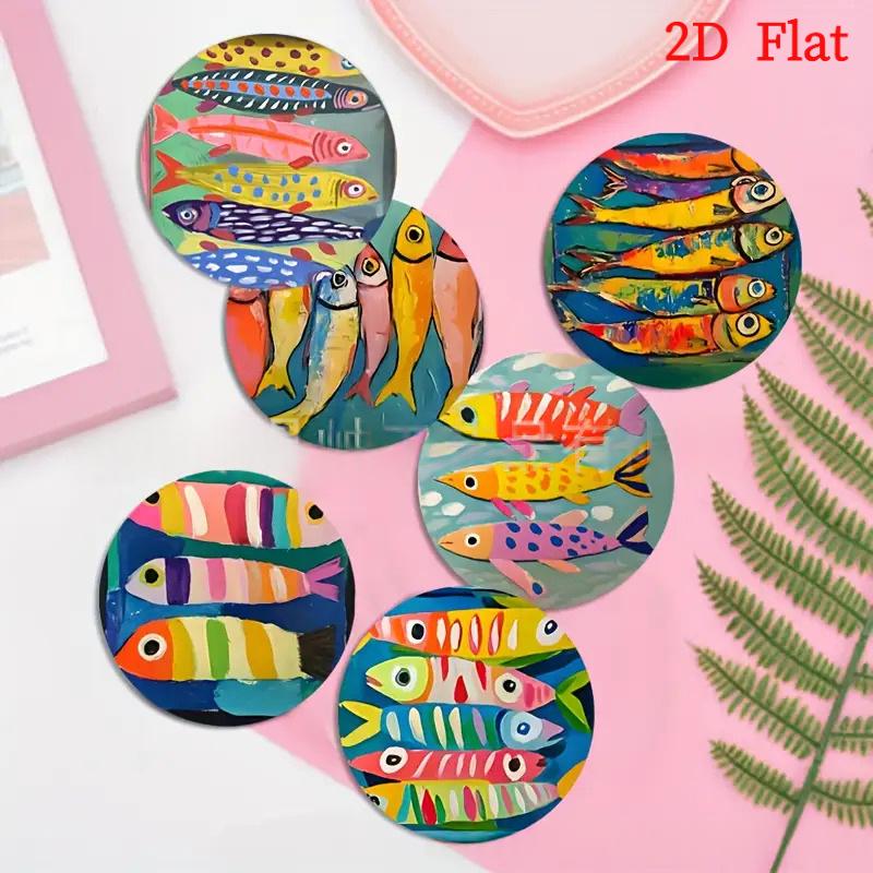 6-piece Watercolor Round Wooden Coasters With Swimming Fish Designs