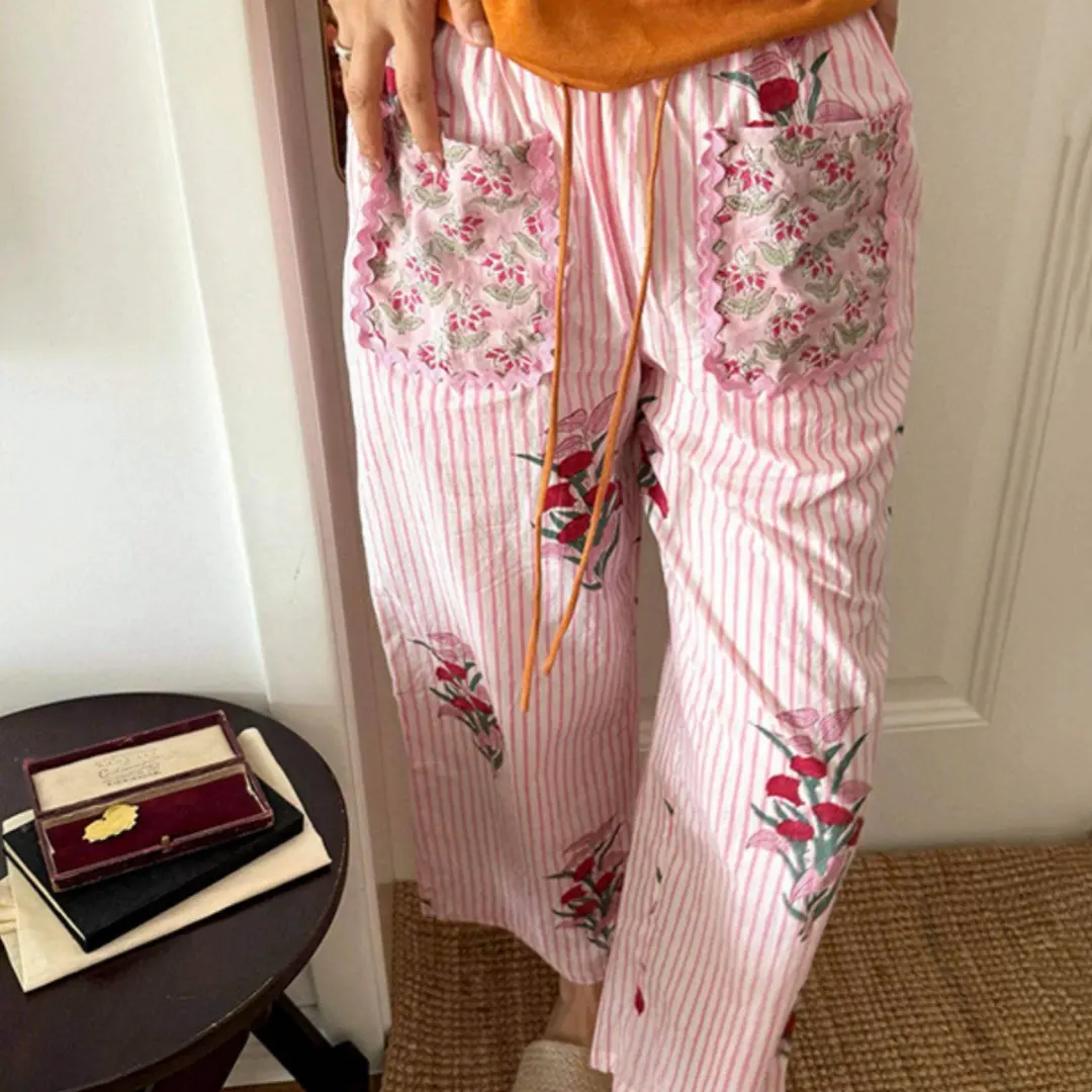 Color-Block Plant-Print Pajama Pants
