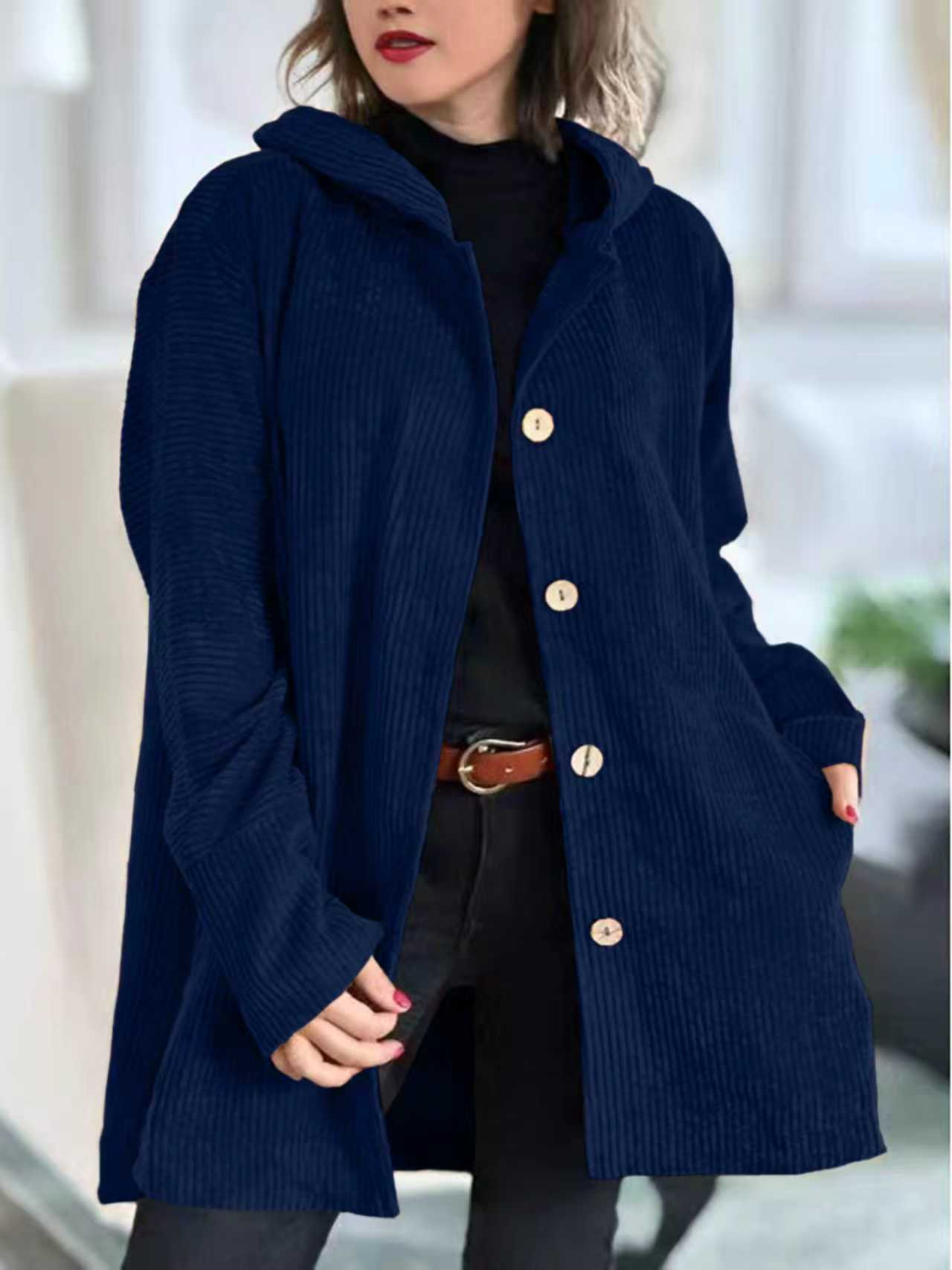 women s corduroy hooded jacket fashion warm pockets button mid length to 13