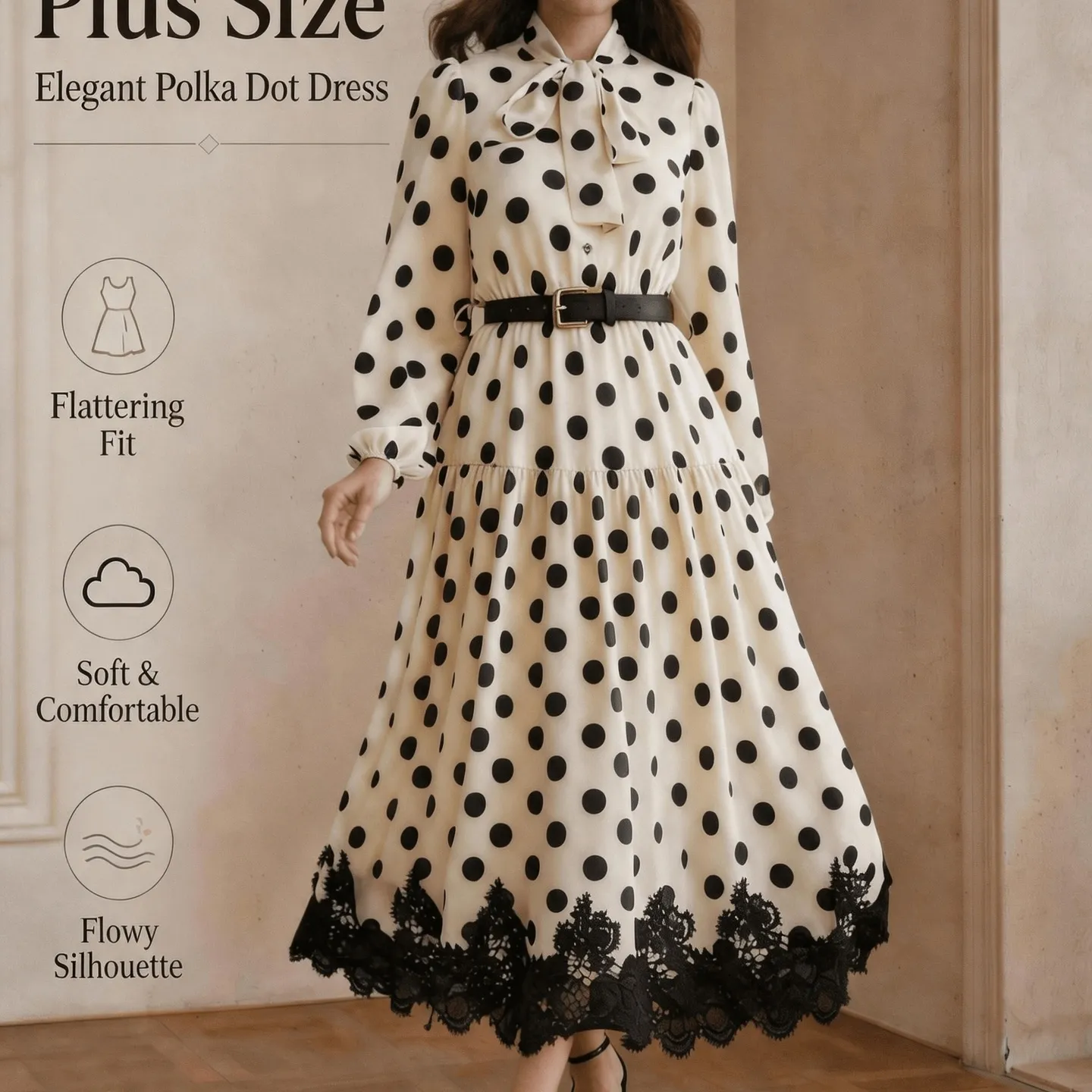 Autumn Mid-Length Polka-Dot Print Dress