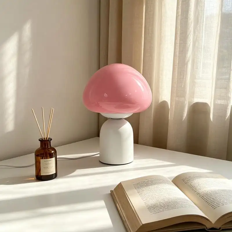 French Cream-Colored Pastel Mushroom Glass Table Lamp
