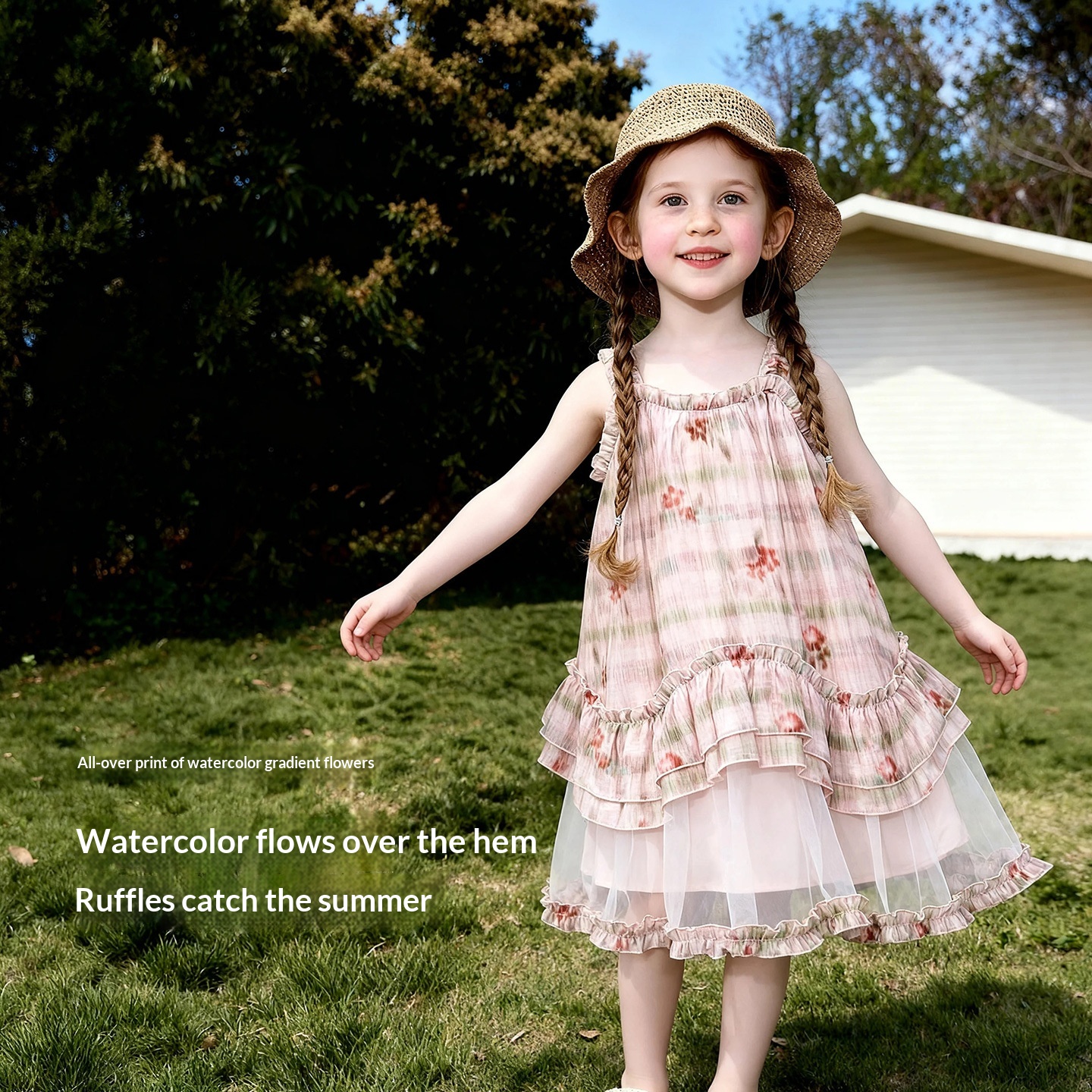 Little Girls Dress Watercolor Blended Floral Print