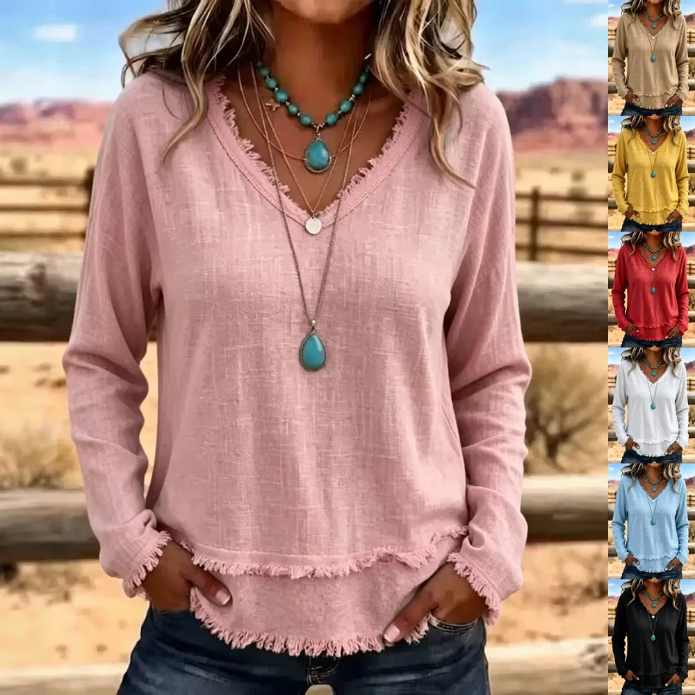 V-Neck Long Sleeve T-Shirt with Tassel Women's Loose Fit