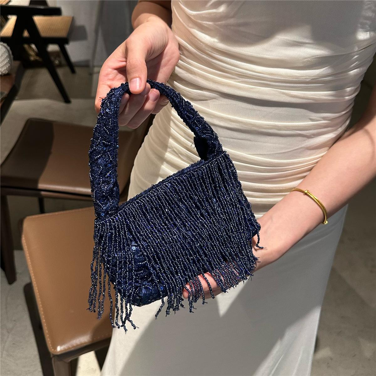 Chinese-style Vintage Handmade Solid-black Beaded Tassel Tote Bag