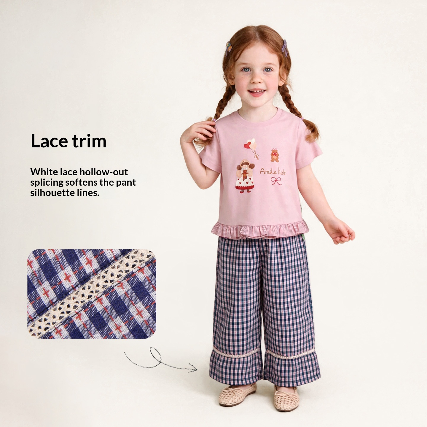 Childrens Retro Plaid Hollow-out Lace-trimmed Preppy Casual Pants