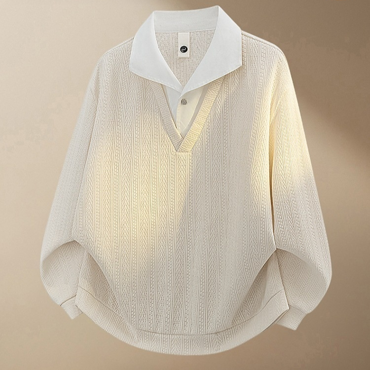 American-style Textured Faux Two-piece Lapel Hoodie Mens Long-sleeve Top