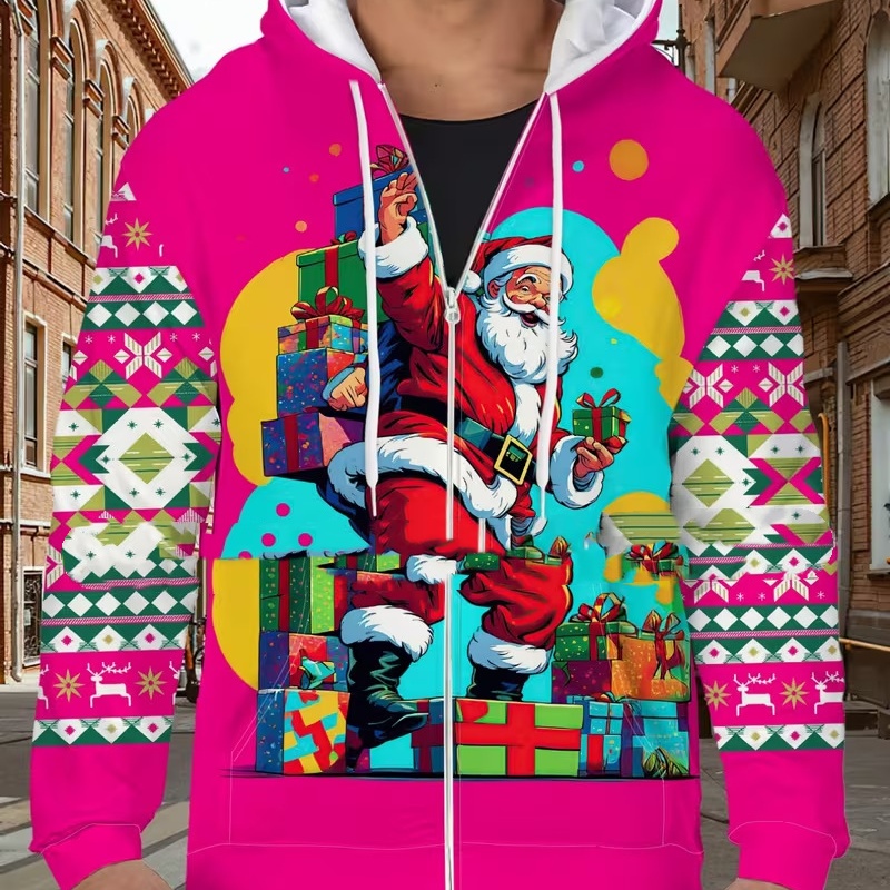 3D Digital-Print Christmas-Themed Hooded Casual Jacket