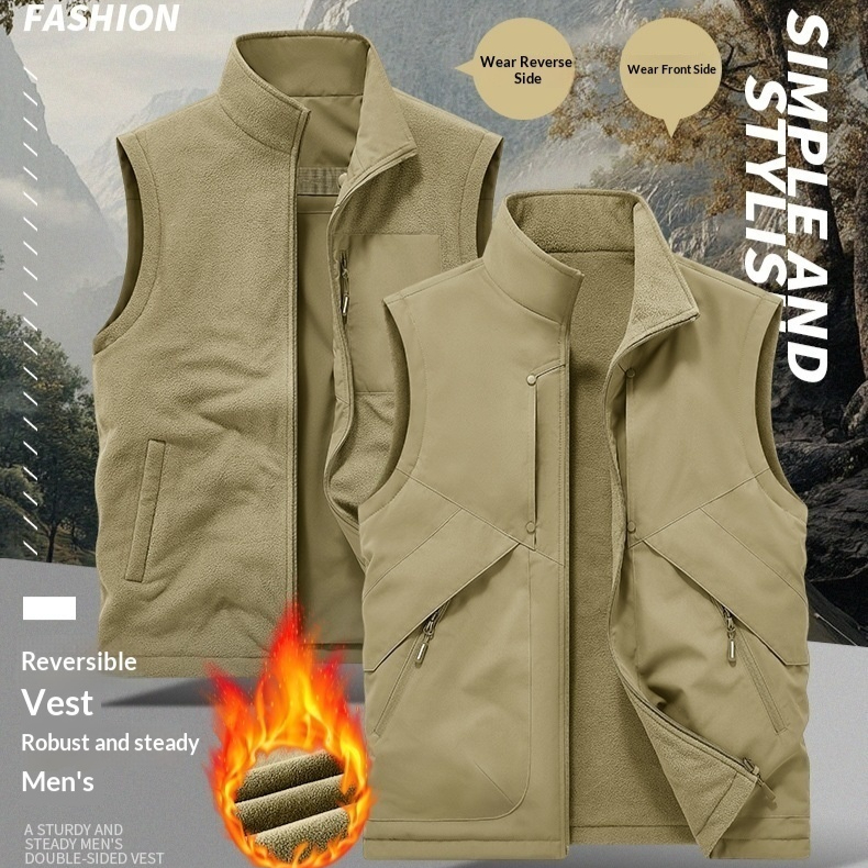 Mens Waterproof Fleece-lined Thickened Thermal Double-sided Vest With A Stand-up Collar And Sleeveless Design