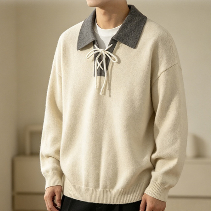 Color-block Lapel Knit Sweater For Men