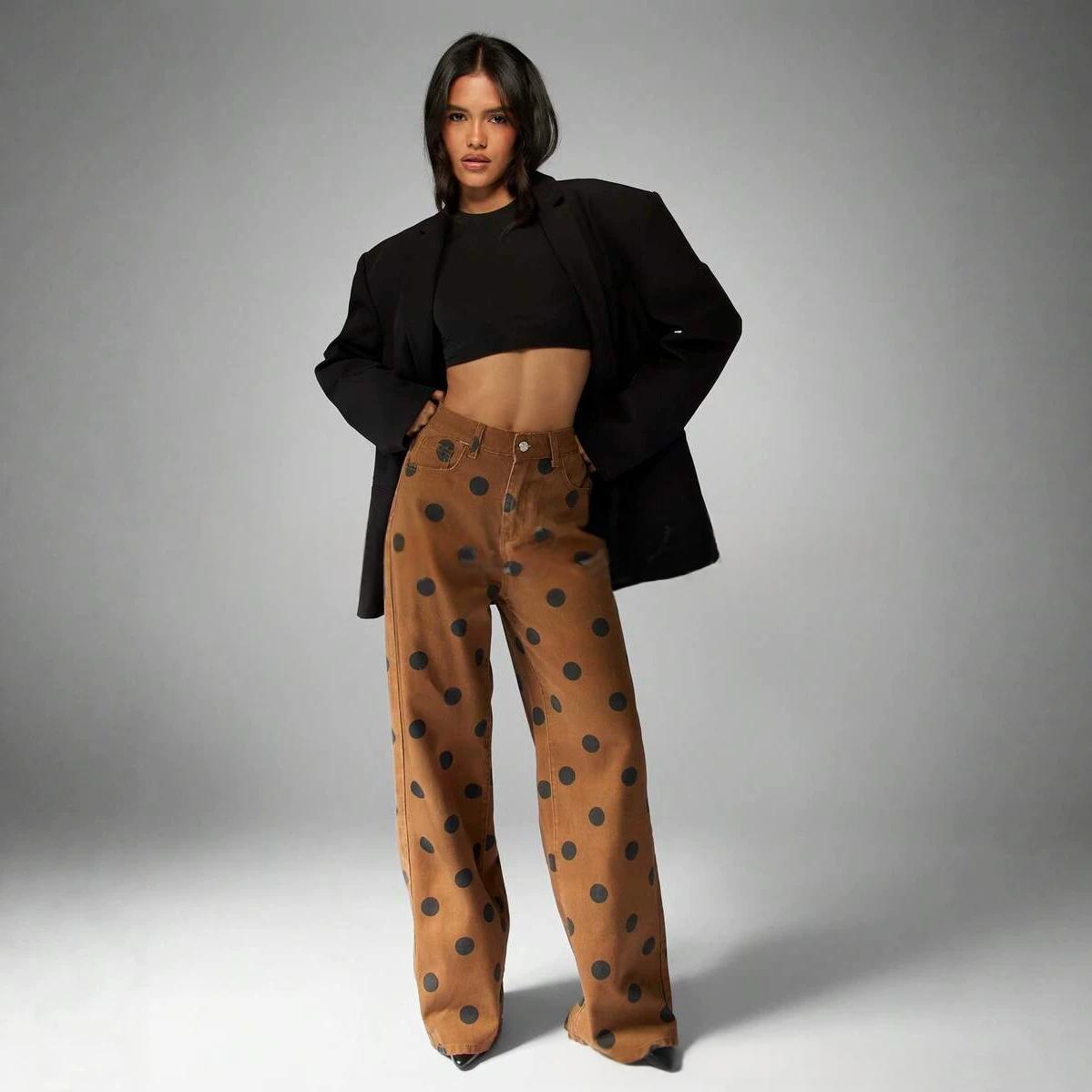 Retro Green Polka-dot High-waisted Wide-leg Jeans