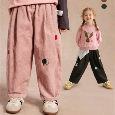 Childrens Corduroy Casual Pants with Embroidered Patterns Fashionable Kids