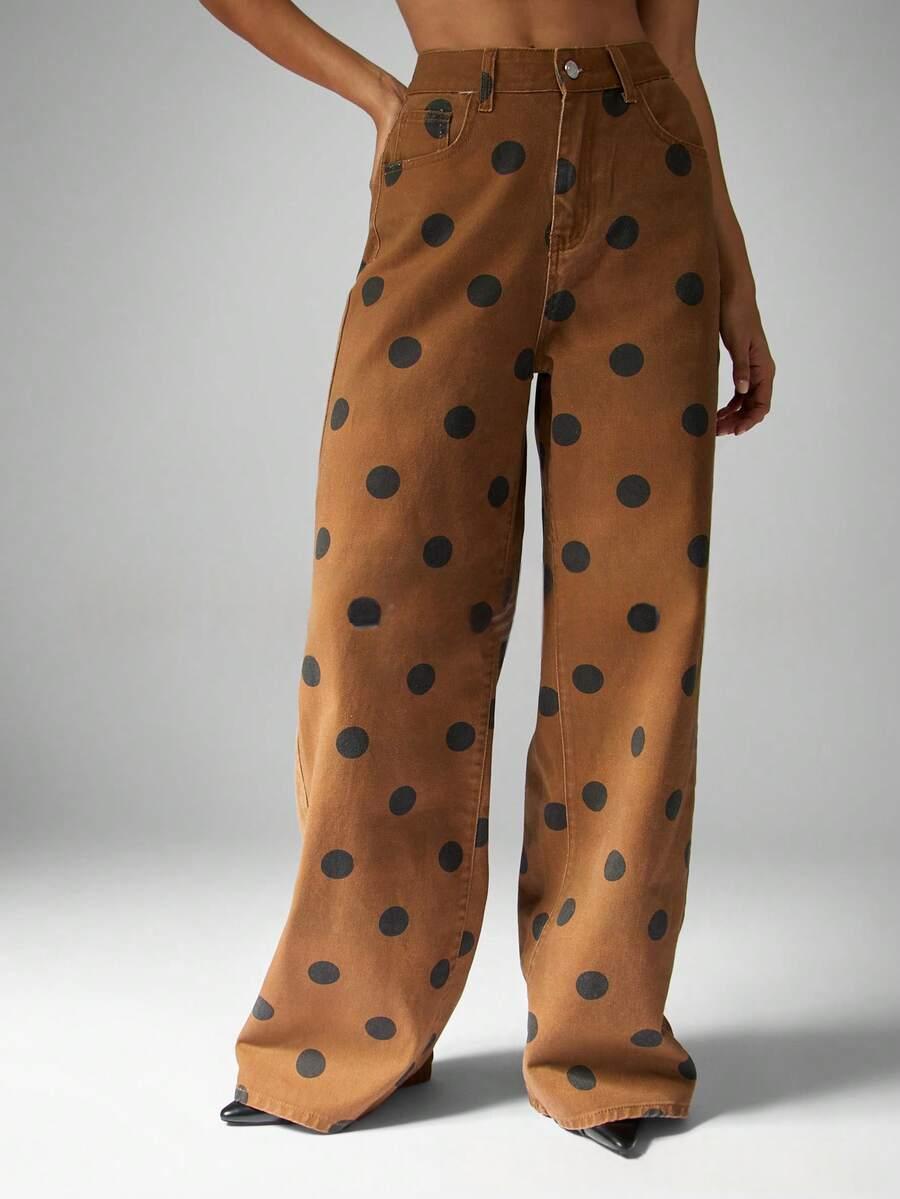 Retro Green Polka-dot High-waisted Wide-leg Jeans