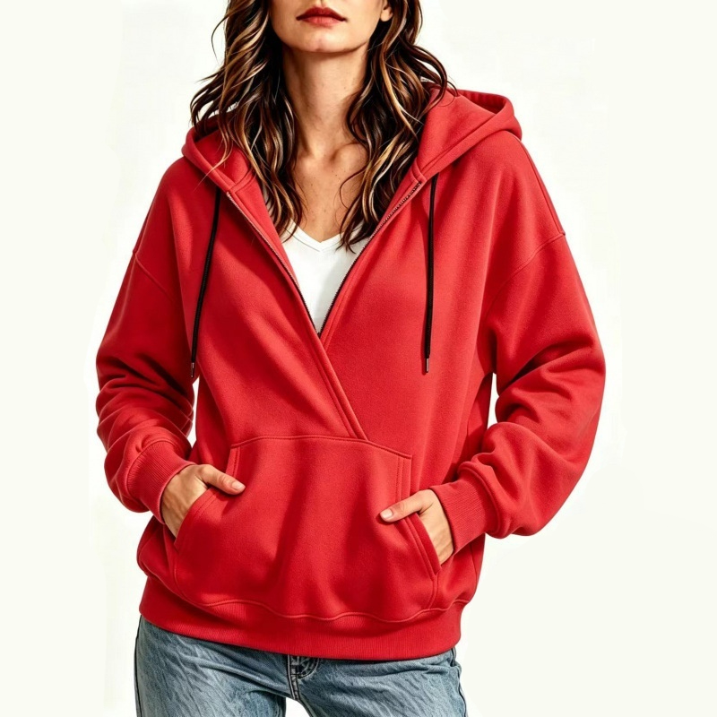 Womens AutumnWinter Cross V-Neck Half-Zip Hoodie