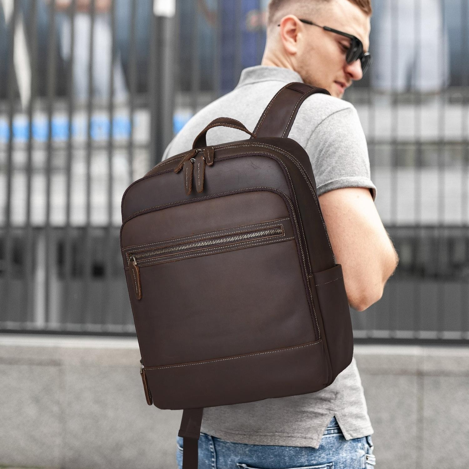 Crazy Horse Leather Cowhide Brown Mens Backpack
