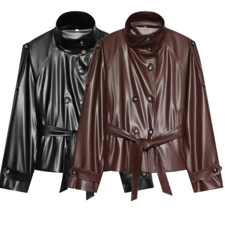 Womens AutumnWinter Double-Breasted Leather Jacket