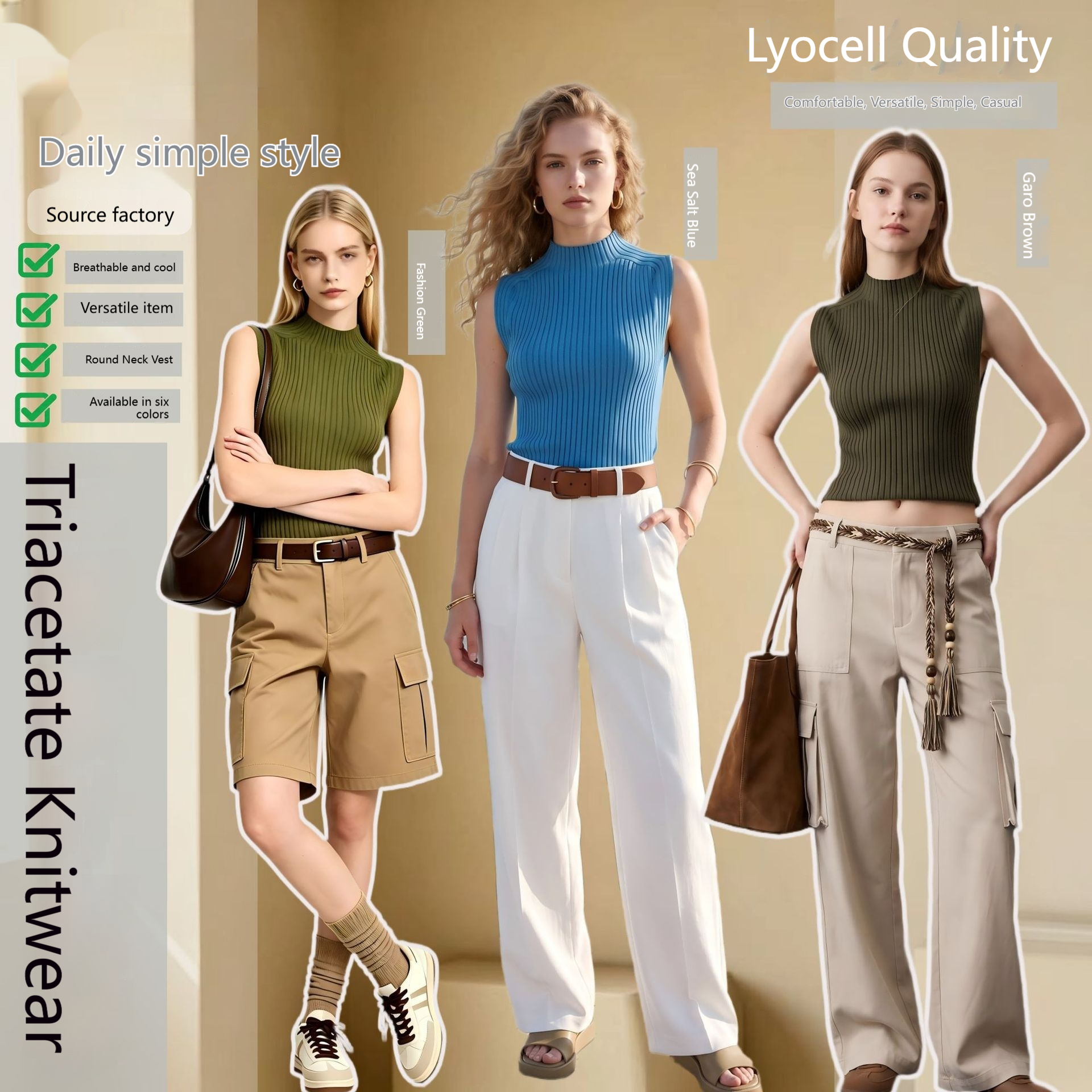 Lyocell Knit Top Womens Vest Round-Neck Knitted Top