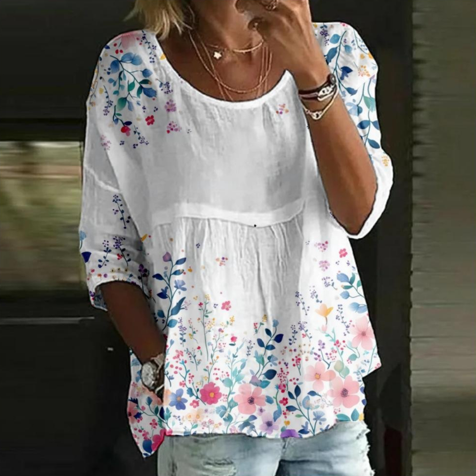 Digital-print Mid-sleeve Pleated Crew-neck Top
