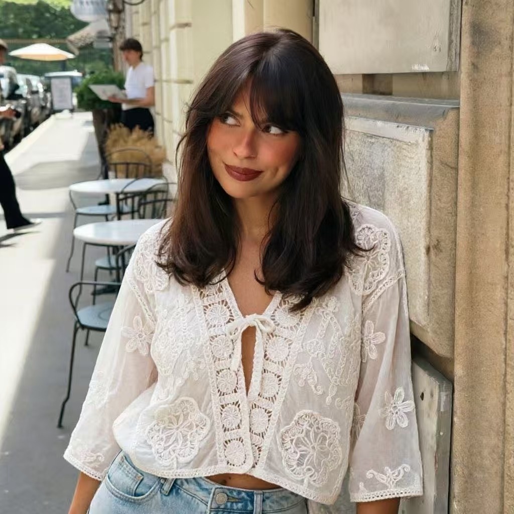 Women's Lace-up Cardigan Worn Over A V-neck Crocheted Openwork Shirt Top — photo 1