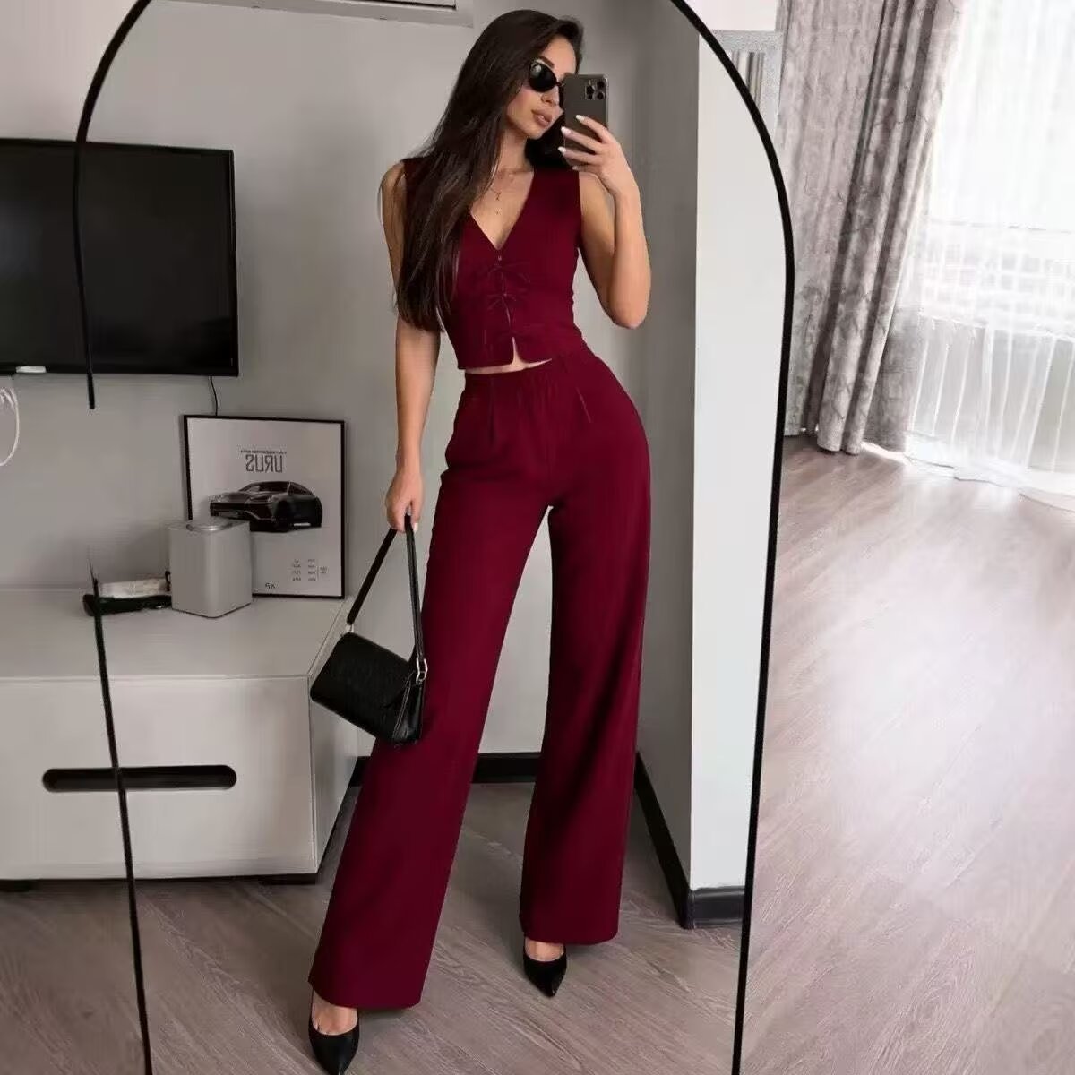Bow-tie Lace-up Vest Top High-waisted Wide-leg Trousers
