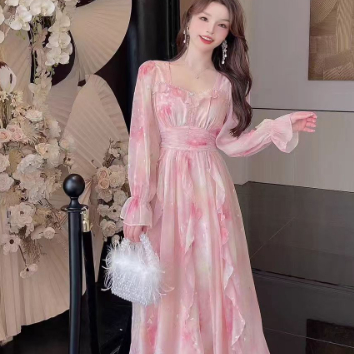 French-style Vintage Chic Floral-print Short-sleeve Dress Fashionable Long Skirt