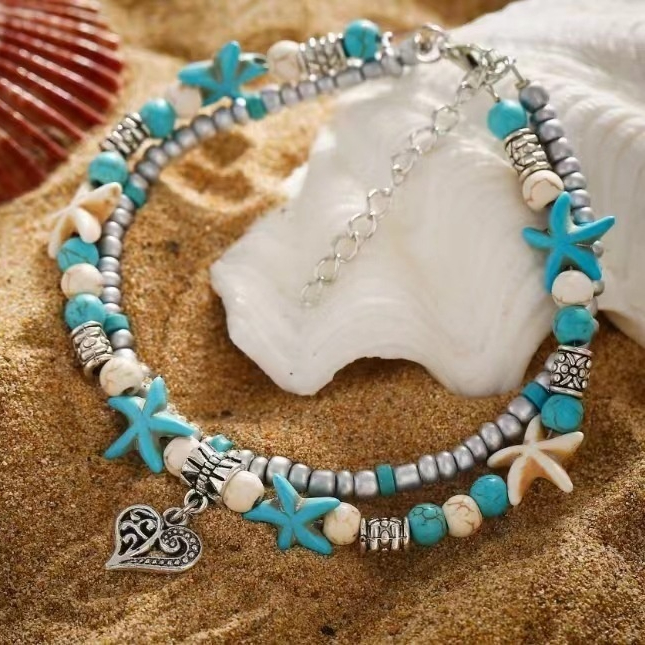 Retro Rice Grain Pearl Turtle Scallop Alloy Pendant Anklet