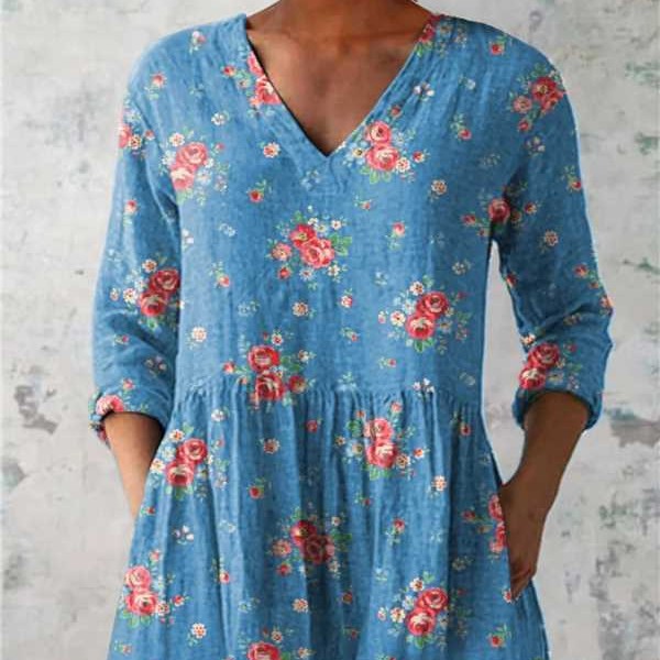 V-neck 3D Digital-print Floral Midi Dress