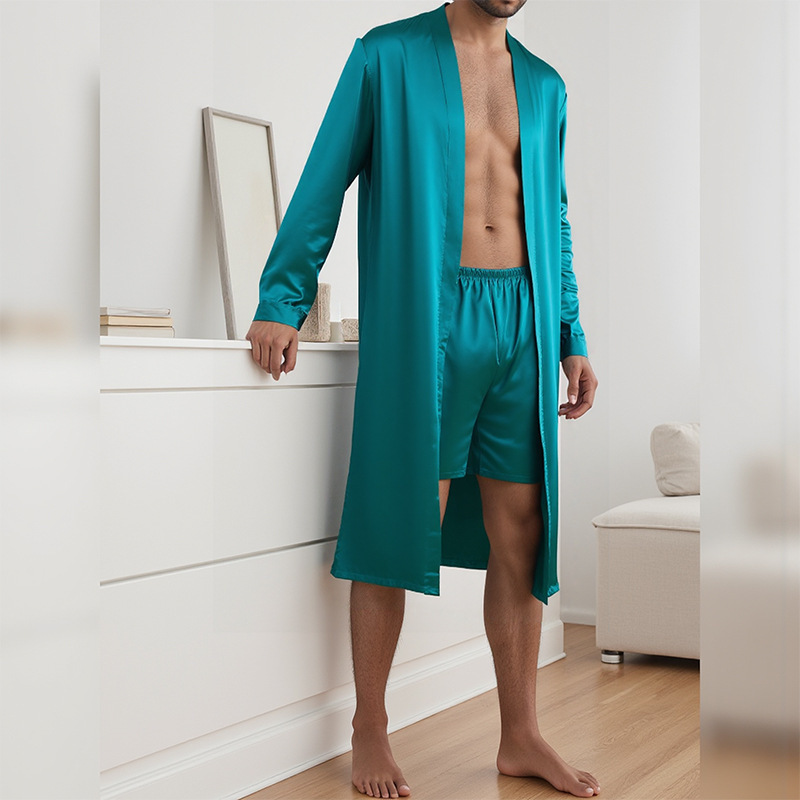 Mens Pajama Robe And Shorts Set Solid Color For Home Use