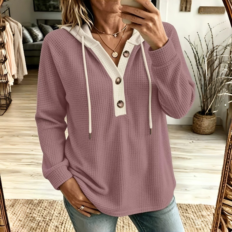 Women's Solid Color Waffle Hooded Button Loose Long Sleeve Sweatershirt — image 13 of 13