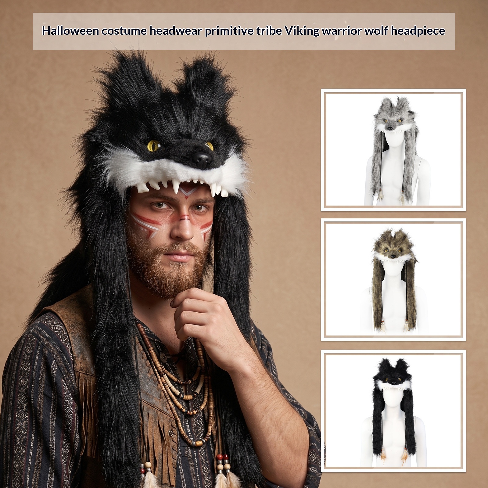 Halloween Faux Fur Wolf Head Hat Accessory