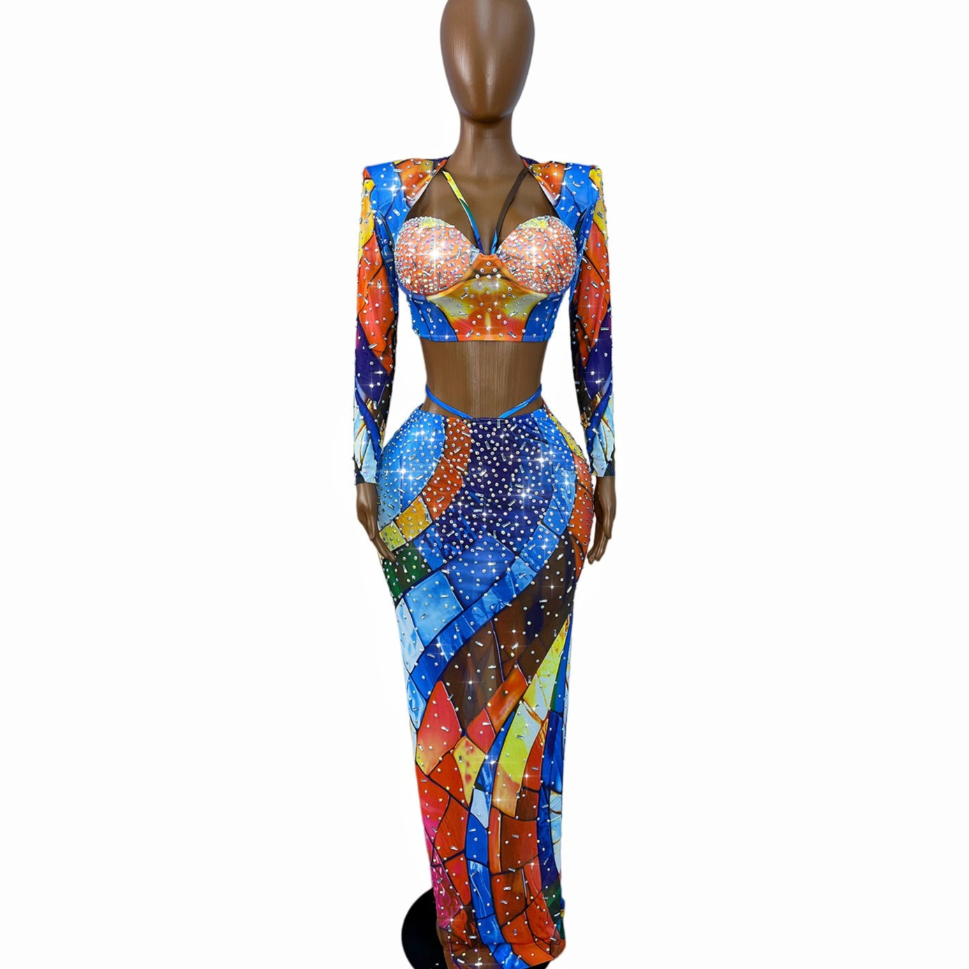 Diamond-embellished Midriff-baring Tube Top With Long Sleeves And A Skirt