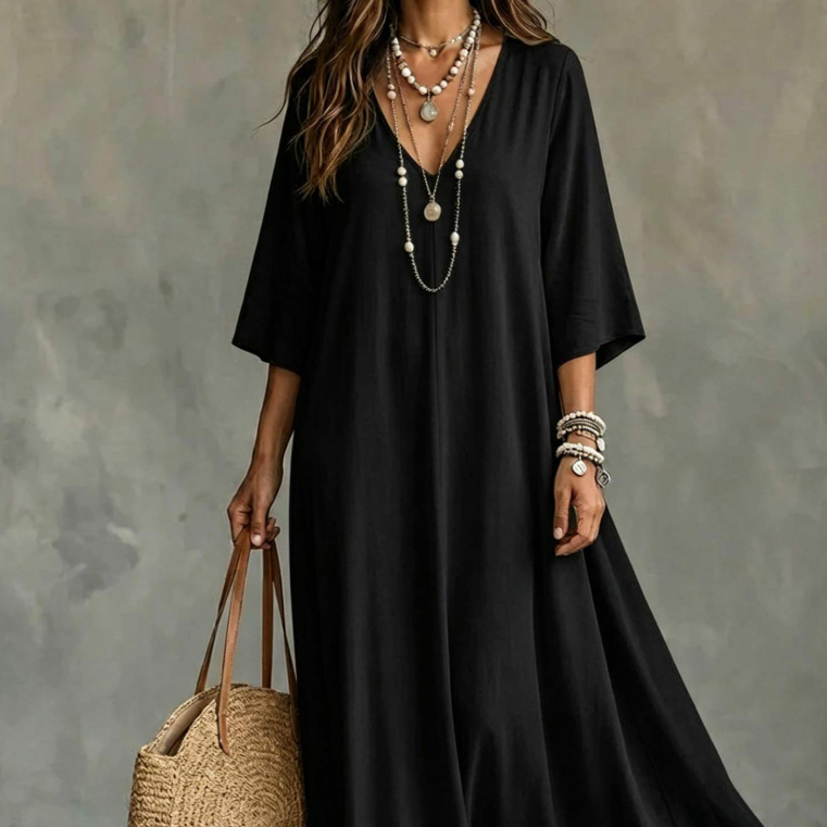 European And American-style Minimalist Solid-color V-neck Long Dress