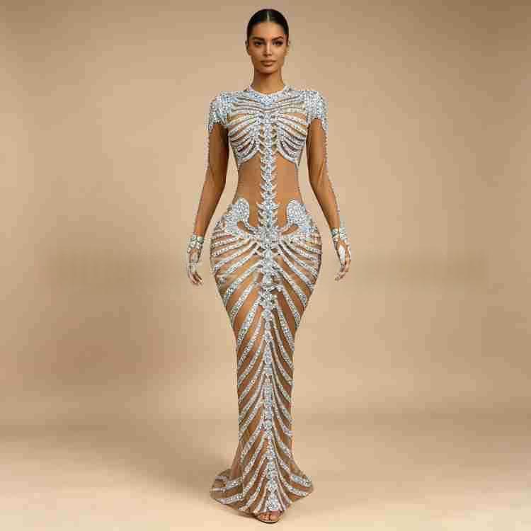 Exquisite Floral-print Rhinestone-embellished Sexy Mesh Dress