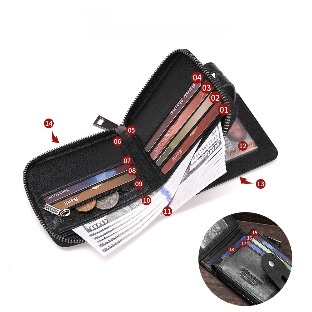 Genuine Leather Mens Multifunctional Short Zipper Wallet 5