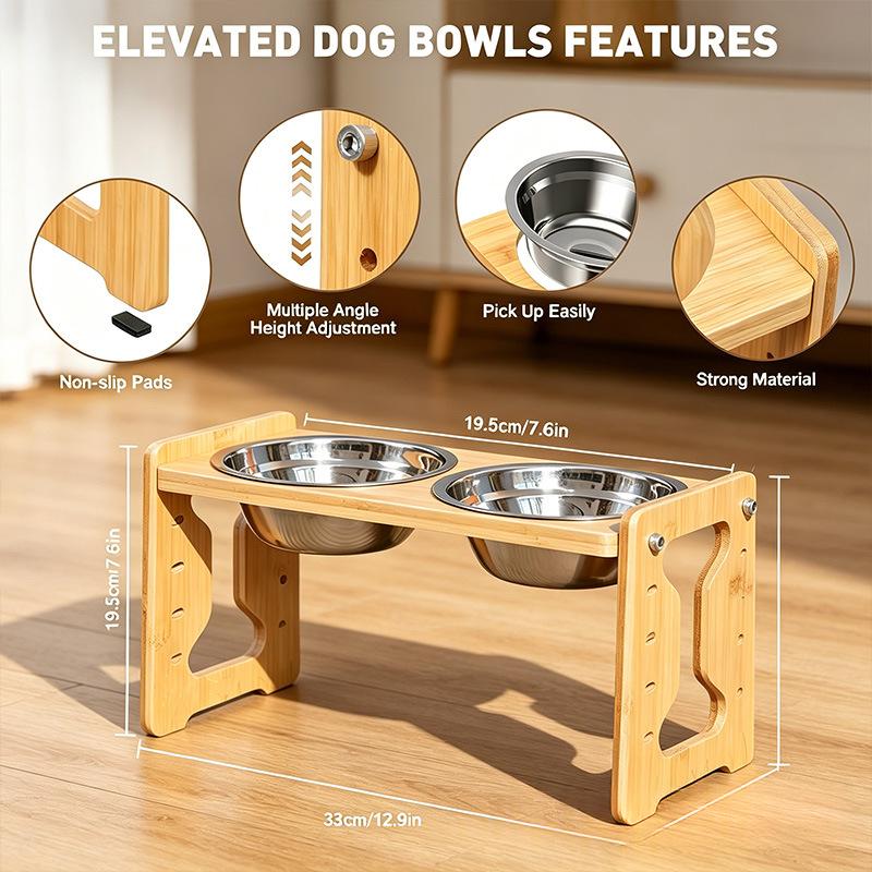 Wooden Dog Bowl Riser Adjustable Cat And Dog Food Bowl Stand Bamboo Pet Feeding Tray Rack - Wooden Dog Bowl Riser Adjustable Cat And Dog Food Bowl Stand Bamboo Pet Feeding Tray Rack 33x19.5x16cm