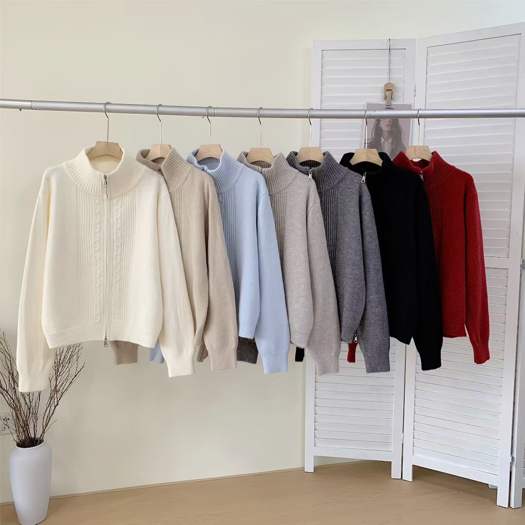 Solid-color Stand-collar Sweater Coat With Double Zippers