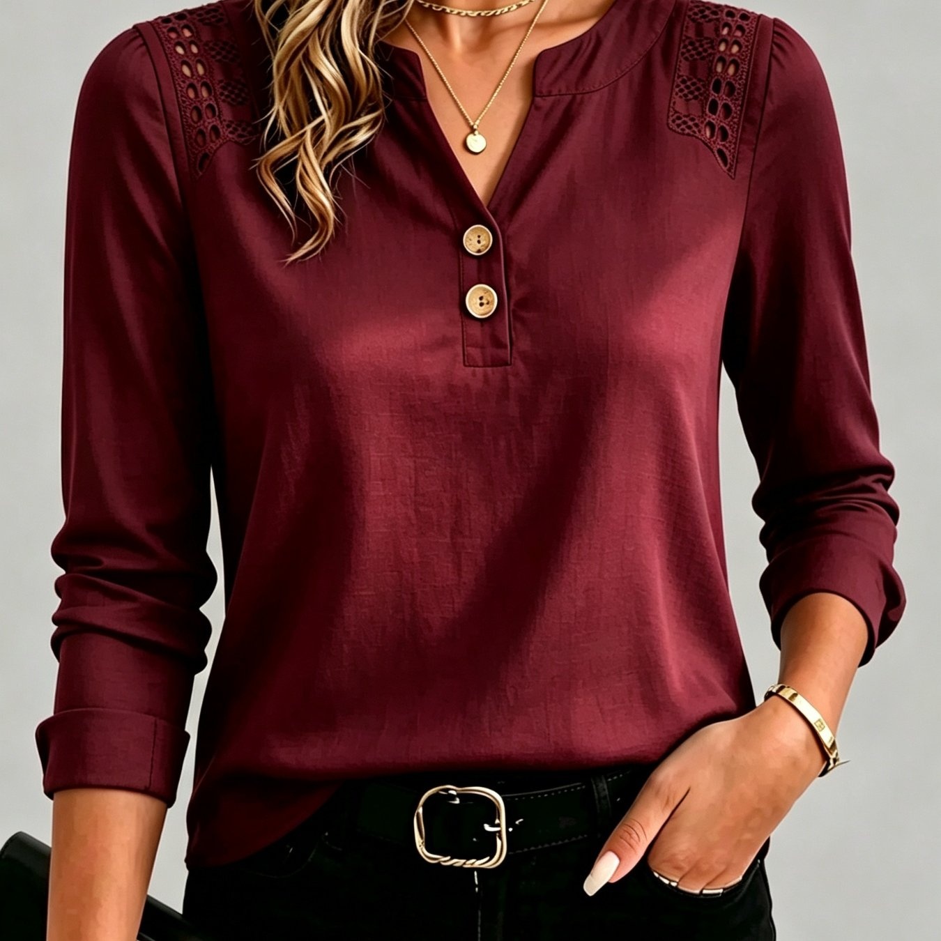 Female Solid Color And V-neck Hollow Button Top