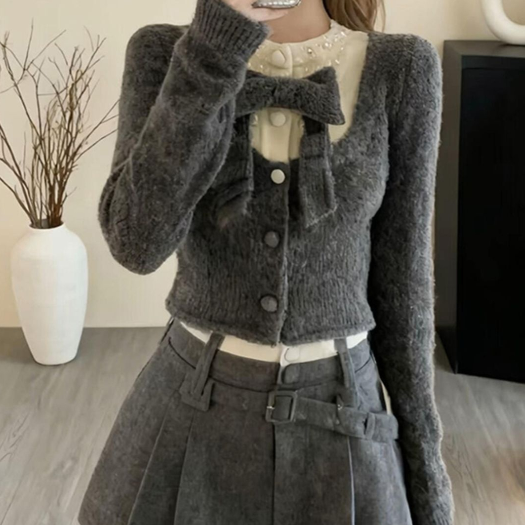 Bow-knot Knit Sweater And High-waisted Pleated Midi Skirt Two-piece Set