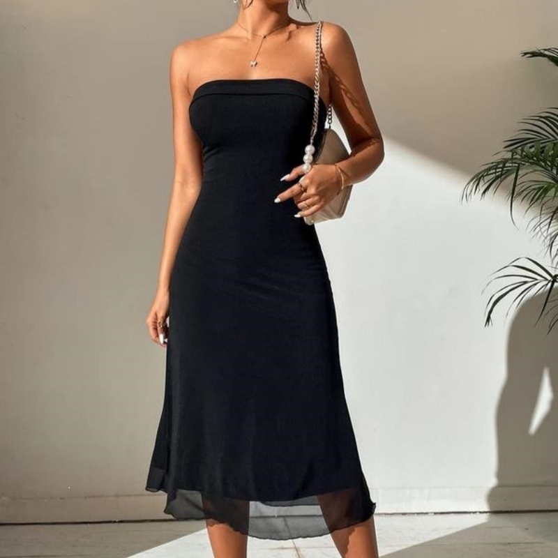 Womens Solid-color Strapless Casual Hip-hugging Dress