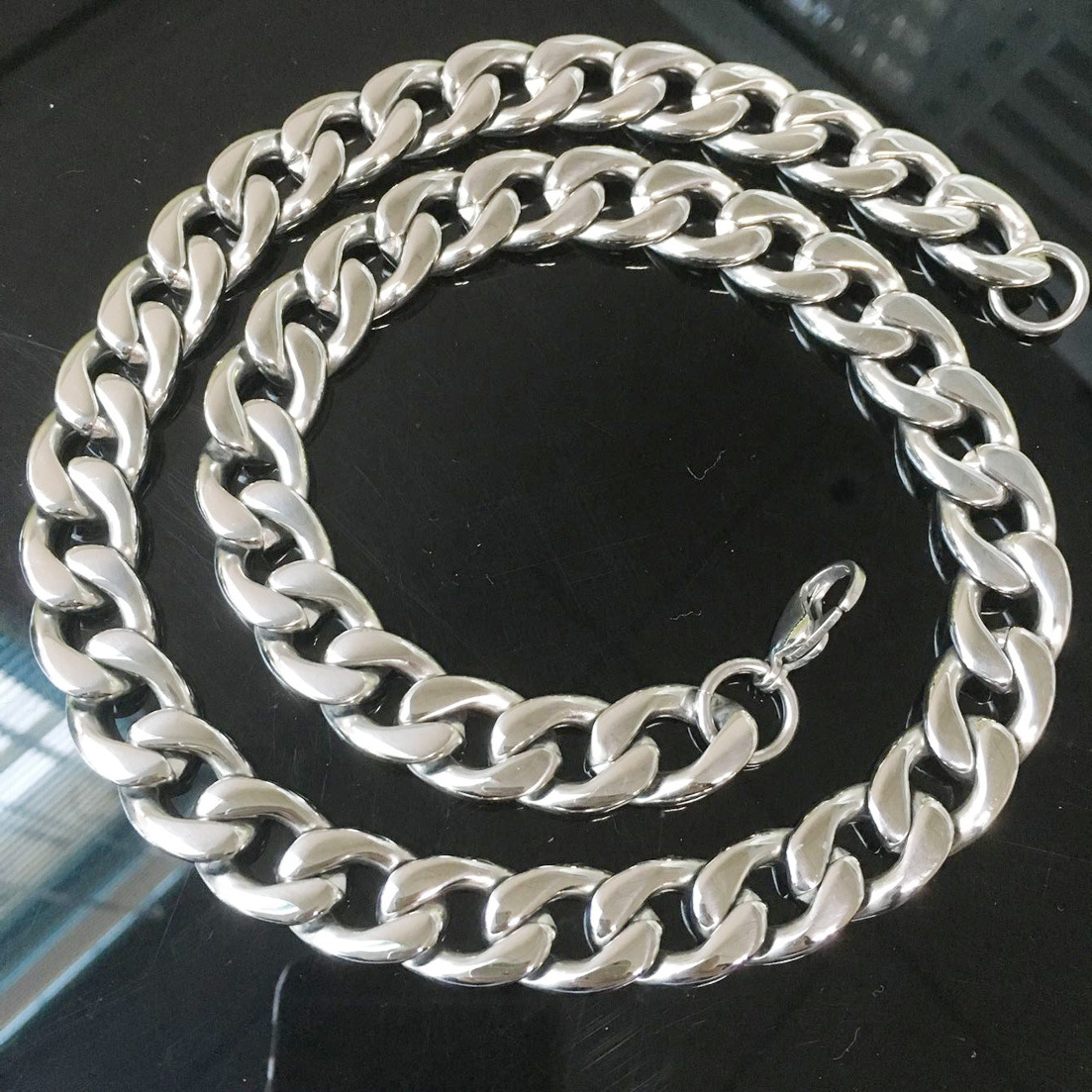 Mens Polished Titanium Steel Stainless Steel Jewelry Figaro Chain Necklace 15mm