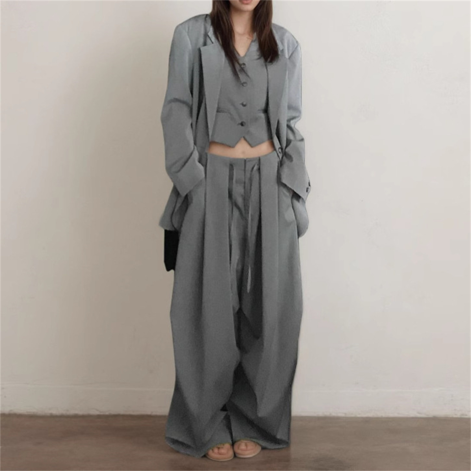 Personalized Coat With Lace-up Wide-leg Pants Suit